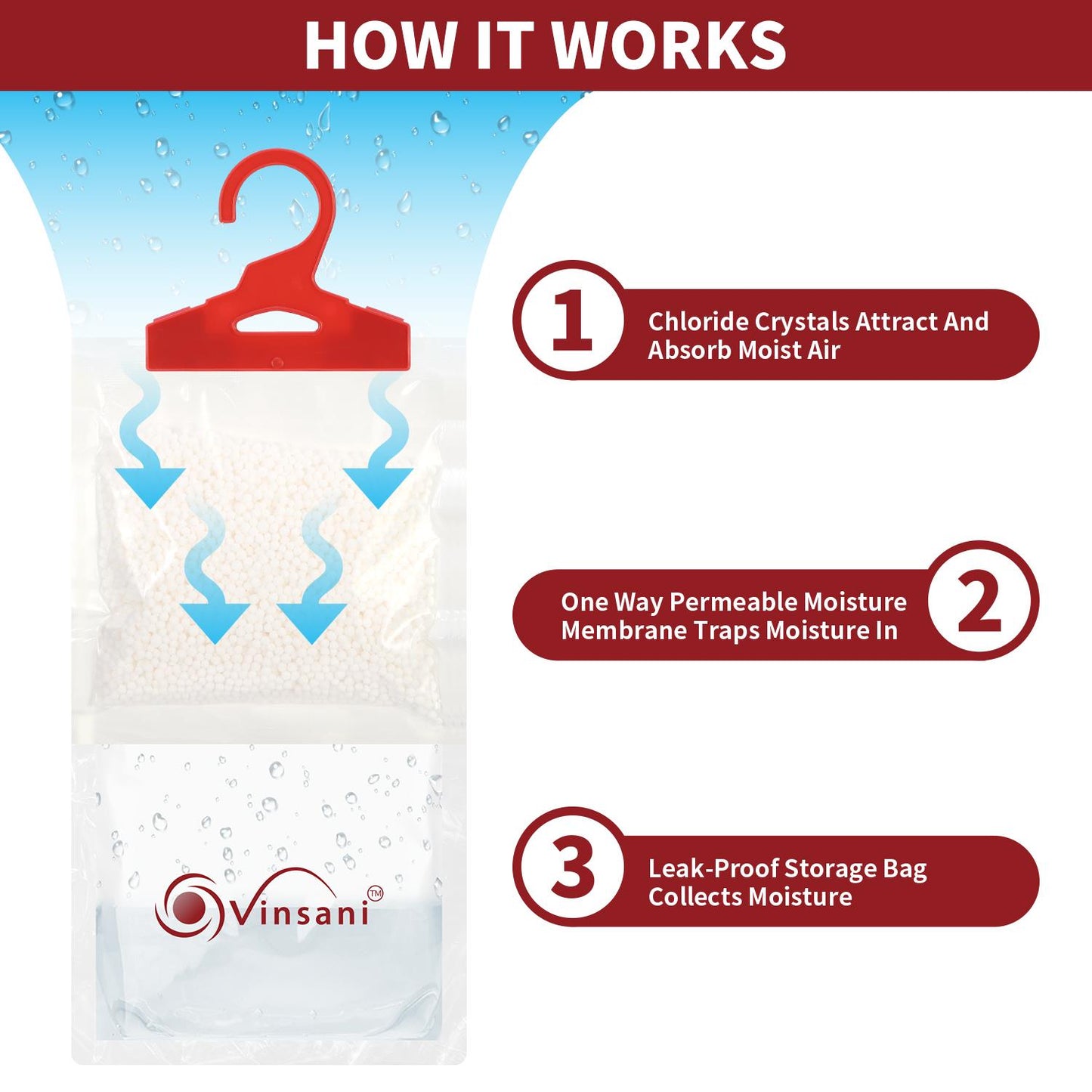 VINSANI 12PC Hydrophilic Hang Dehumidifier Bags - Moisture Control & Odour Neutralizer