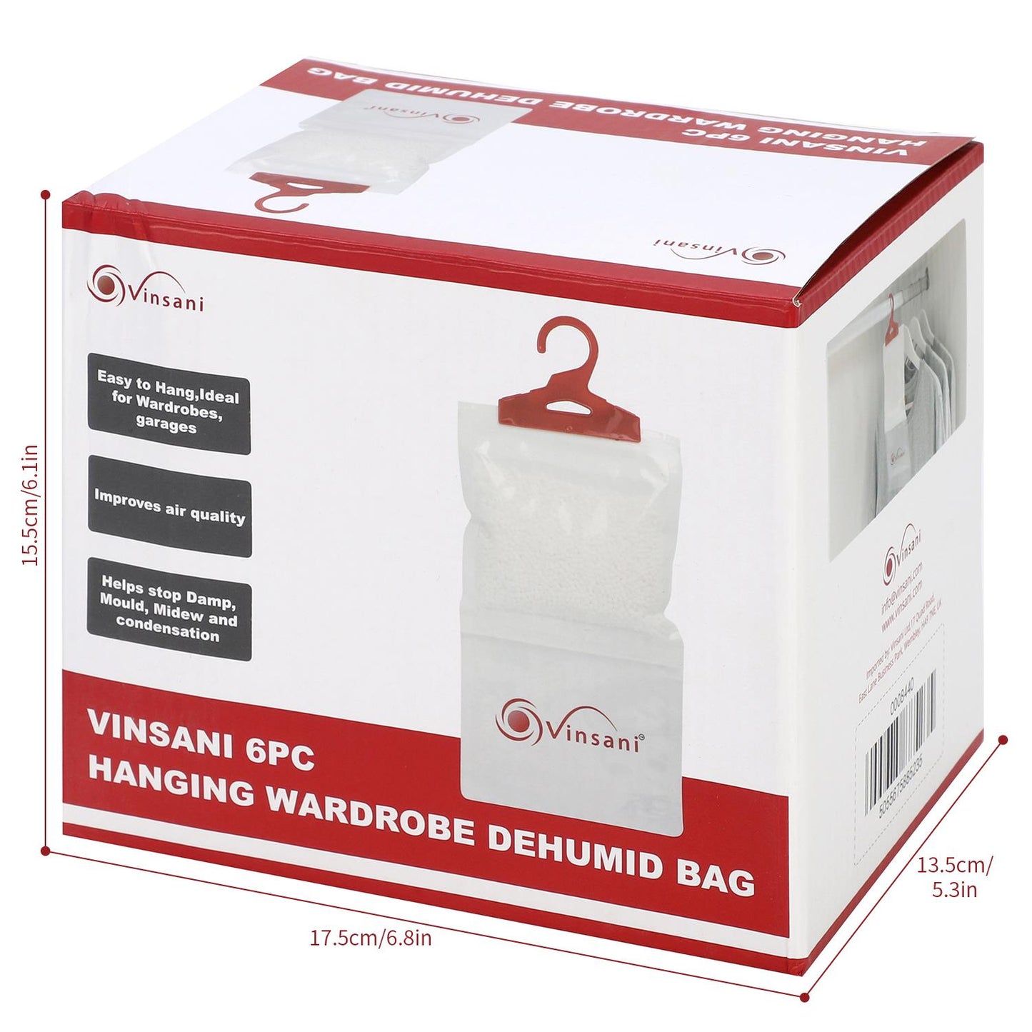VINSANI 6-Pack Ultra-Absorbent Hanging Wardrobe Dehumidifier Bags